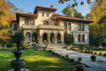 Obraz premium Autumn Mansion, Grand Estate, Park Pathway