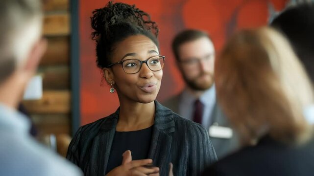 Engaging business meeting with confident speaker communicating ideas to colleagues