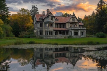 Obraz premium Autumn Mansion Sunset Reflection