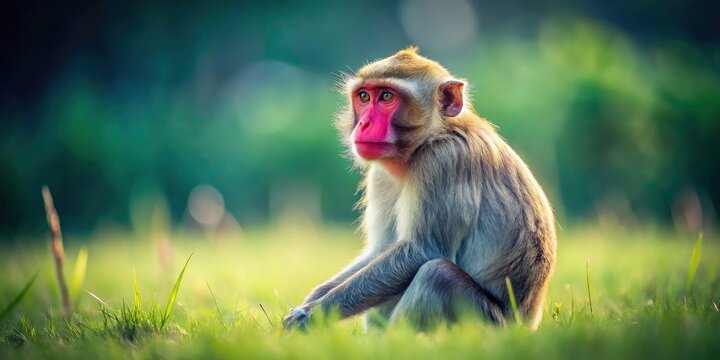 Sad Monkey Grass Minimalist Photography - Lonely Primate, Depressed Ape, Sorrowful Wildlife