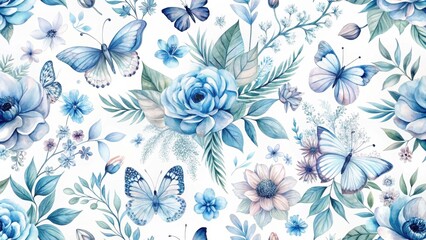 Serene Watercolor Botanical Print Featuring Delicate Blue Butterflies and Exquisite Floral Arrangements