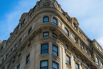 Obraz premium City corner building, ornate detail, sunny sky, urban backdrop, real estate