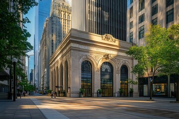 Obraz premium City sunrise, grand building, street scene, urban backdrop, business