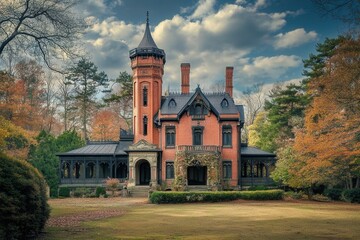 Fototapeta premium Autumn Mansion, Park, Fall Foliage, Historic Home