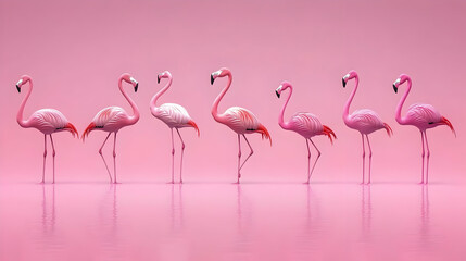 Obraz premium Seven Pink Flamingos Gracefully Stand in Still Pink Water against a Matching Backdrop