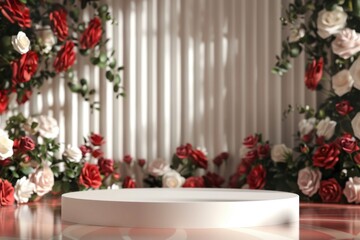 Elegant Display Platform Surrounded by Romantic Floral Decorations