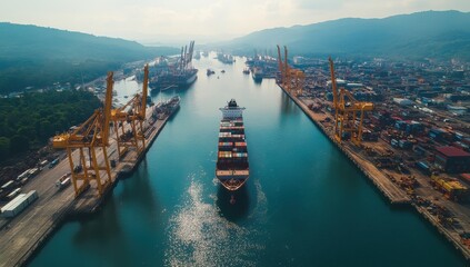Naklejka premium Aerial View of Container Ship Navigating Through a Busy Port with Cranes, Cargo and Scenic Landscape in the Background Under a Clear Sky