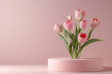 Fototapeta premium Elegant pink tulips in minimalist vase on soft pastel background