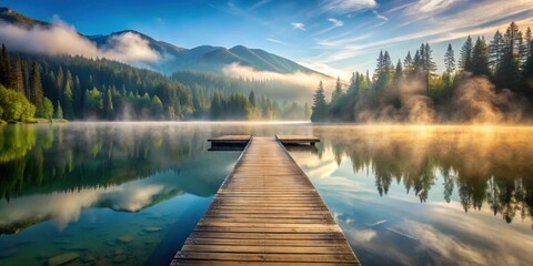 Obraz premium Serene Dawn Misty Lake, Wooden Dock, and Majestic Mountains Reflecting in Still Waters