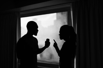 Woman yelling at her husband boyfriend, couple arguing having a disagreement, alcohol addiction...