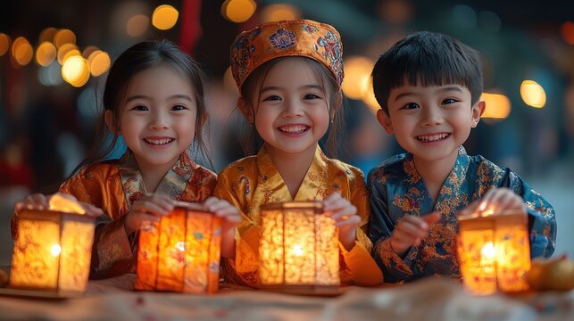 Happy children in festival attire hold lanterns at night market