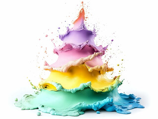 Colorful Liquid Paint Splashing Upward Forming a Dynamic Abstract Shape on a White Background