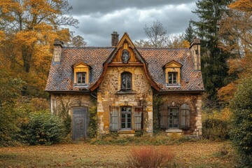 Obraz premium Autumnal Stone House, Forest Decay, Brochure