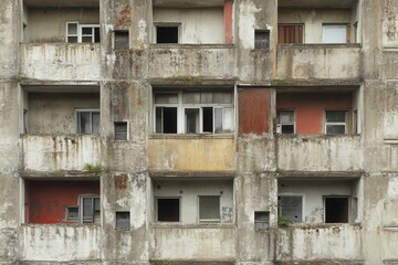 Derelict apartment building facade, urban decay, background plants