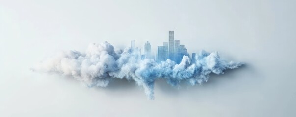 Dreamy cityscape emerging from clouds with a soft blue palette.