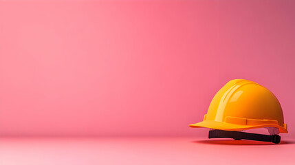 Fototapeta premium Yellow Hard Hat Sits on Pink Background in Minimalist Safety Illustration