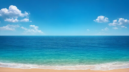 Fototapeta premium Serene Beach Meets Azure Ocean Under a Clear Blue Sky with Fluffy White Clouds Gently Dotting the Horizon