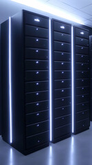 Dark Server Racks with Glowing LED Lights in Modern Data Center