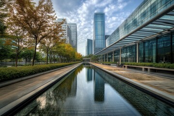 Naklejka premium City park reflection, modern buildings, autumn
