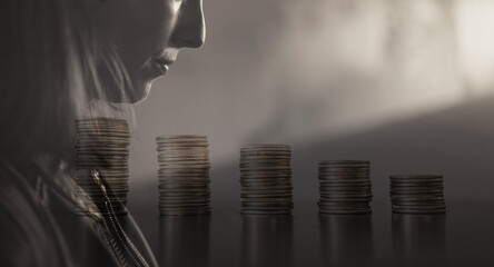 Sad person with money finance problems, bills, debt bankruptcy 