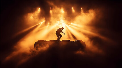 Fototapeta premium Silhouetted DJ performs on stage with atmospheric lighting and fog effects during live show