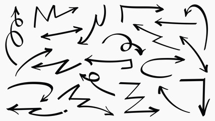 Set of simple lines hand drawn black arrows in various style. Set of simple of hand drawn black arrows. Set of simple lines hand drawn black arrows. Various of simple lines arrows collection