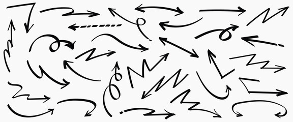 Set of simple lines hand drawn black arrows in various style. Set of simple of hand drawn black arrows. Set of simple lines hand drawn black arrows. Various of simple lines arrows collection