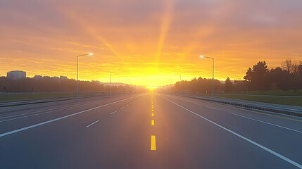 Empty Highway Stretches into the Vibrant, Golden Sunrise, Creating a Scenic Road Trip Landscape.