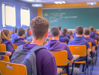 Fototapeta premium Students Sit Attentively in Class, Focused on the Lesson Being Taught by the Teacher.