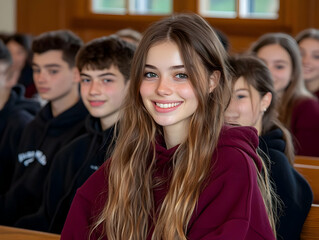 Obraz premium Smiling Teen Girl Sits in Wooden Pews with Classmates in Classroom Setting