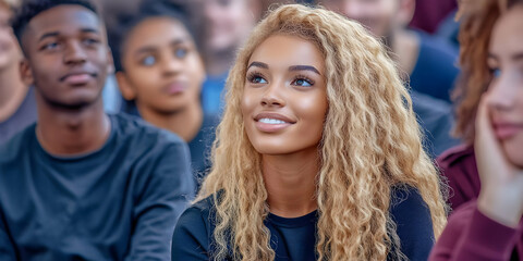 Fototapeta premium Young Woman with Blonde Curly Hair Smiles Attentively at a Presentation or Event