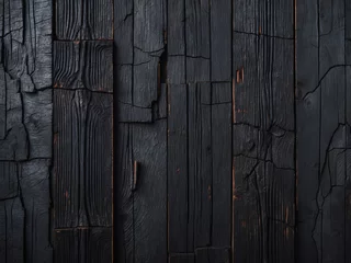 Selbstklebende Fototapeten Close-up of textured black charred wood panels with intricate cracks and natural patterns. © HooSv