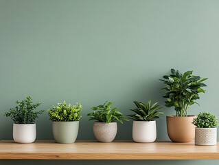 Fototapeta premium Green wall with potted plants on a wooden shelf.