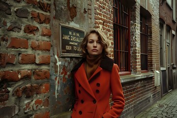 Young Caucasian woman in bright red coat standing near vintage brick wall in urban setting, moody autumn street photography perfect for fashion and lifestyle advertising campaigns.