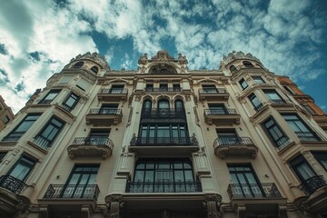 Obraz premium Elegant city building, cloudy sky, low angle