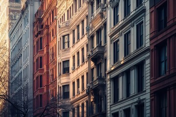 Fototapeta premium Cityscape, urban buildings, sunlight, winter, street