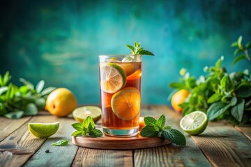 Fototapeta premium Refreshing Iced Tea Beverage with Citrus and Mint Garnish on Rustic Wooden Table