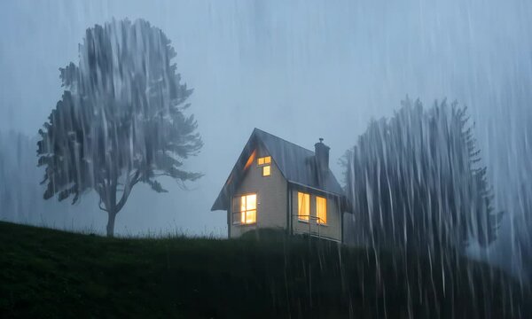 Cozy cabin in the rain, glowing windows under moody clouds, concept for rustic retreats, tranquility, and countryside living