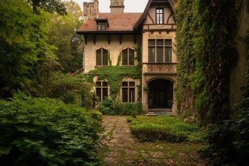 Ivy-covered mansion, garden path, autumn