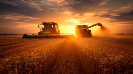 Fototapeta premium Combine harvesters harvest wheat in a golden field during sunset