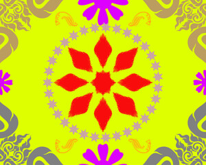 Bright and vibrant mandala design featuring red and pink floral patterns on yellow background, creating lively and energetic atmosphere