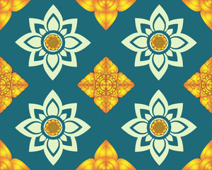 Beautiful floral pattern featuring intricate designs in teal, yellow, and light green. symmetrical arrangement creates harmonious and vibrant aesthetic