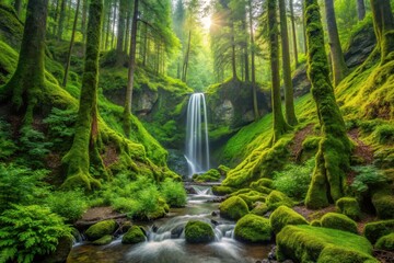 Fototapeta premium Sunlit Waterfall Cascading Through a Lush, Moss-Covered Forest, Creating a Serene and Picturesque Natural Scene