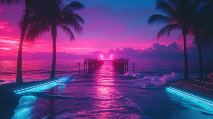 Tropical beach scenery with neon lights reflecting on the water during sunset in magenta and blue hues