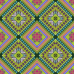 Vibrant geometric pattern featuring colorful diamonds and floral motifs, ideal for textiles or wallpaper. design showcases intricate details and lively color palette