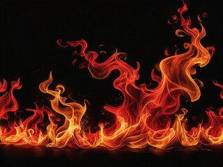 Fototapeta premium Dynamic fiery flames with vivid orange and red tones against a dark black background, showcasing energy and motion.