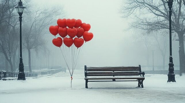 Red heart balloons, snowy park bench, winter fog, romantic scene