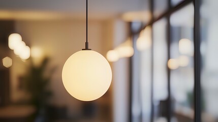 A single, round, glowing pendant light hangs in a modern interior space. Soft background blur shows more lights and a plant.