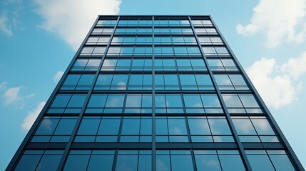 Complexity structure and sophisticated, A modern glass building stretches upward against a blue sky, showcasing a sleek architectural design with reflections.