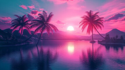 Naklejka premium Vibrant pink sunset over a tranquil lake with palm trees silhouetted against the colorful sky